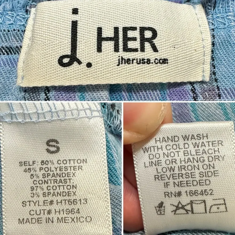 J. Her Plaid Mineral Wash Mixed Media Boho Lagenlook Top Small Oversized V-Neck - Picture 7 of 7